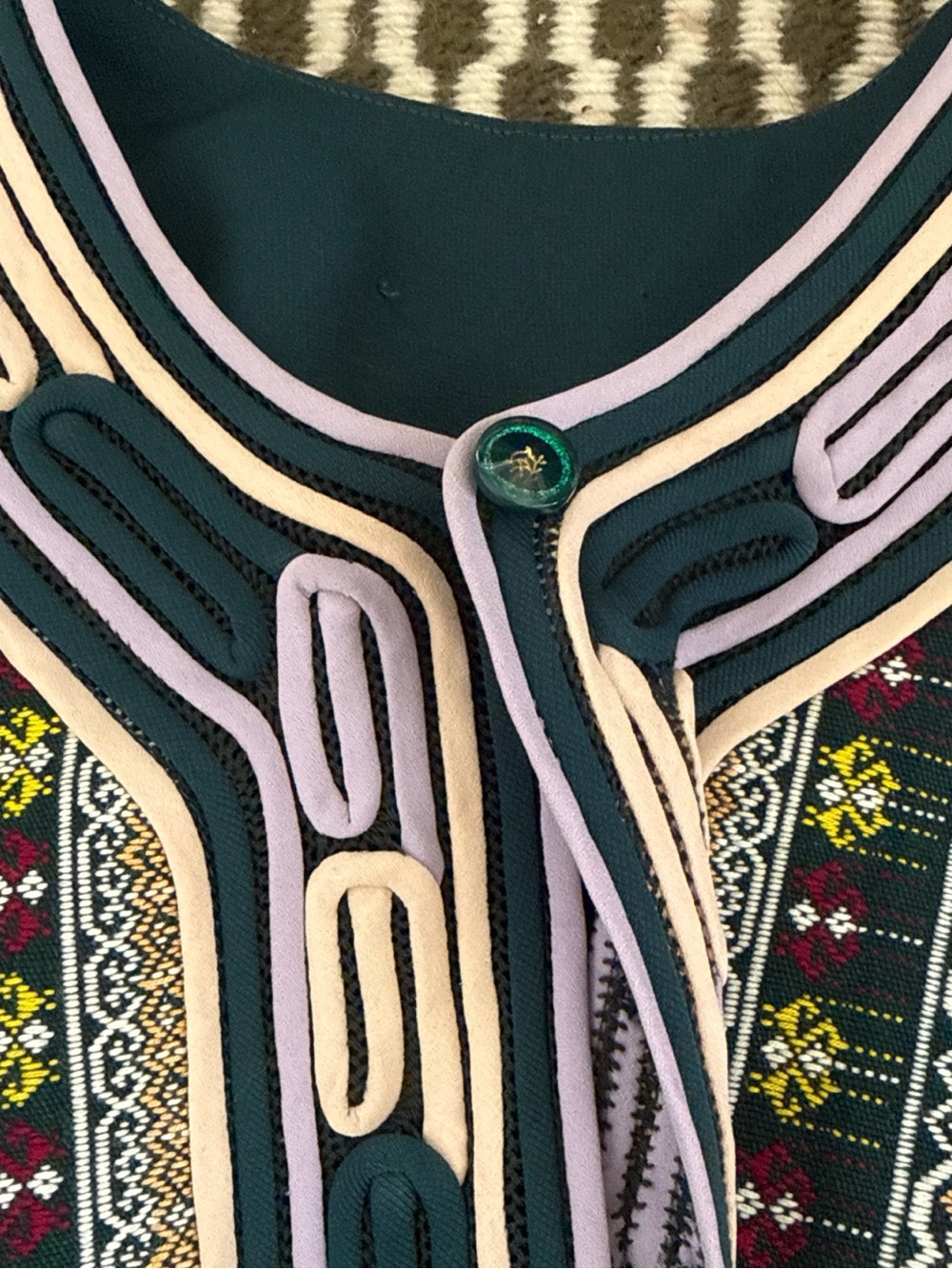 Vintage Embroidered Multicolor Boho Jacket with Decorative Piping - Size Medium